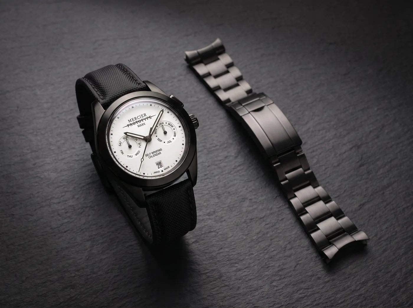 Manx Blanc on sailcloth strap with the separate steel bracelet