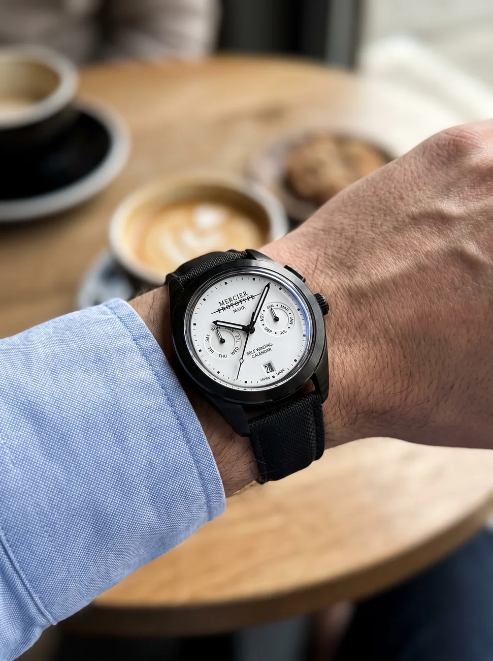 Manx Blanc worn on the wrist, sailcloth strap