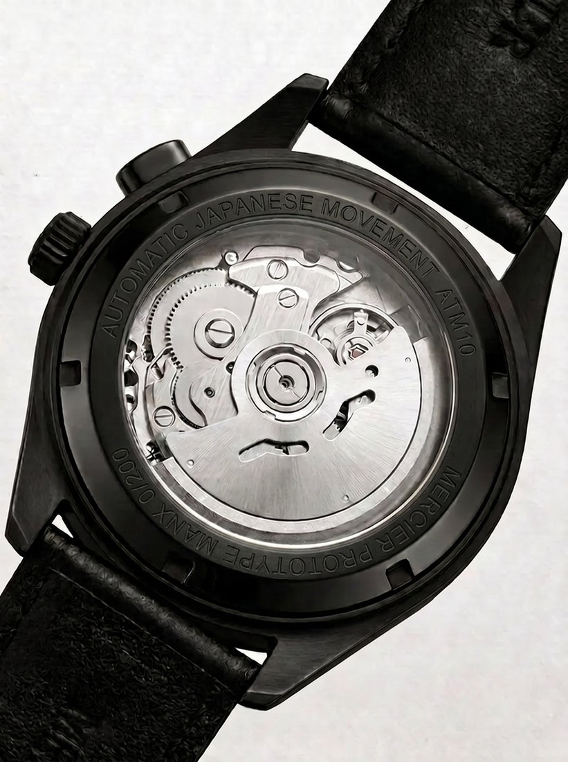 Exhibition caseback showing the Japan-made automatic movement