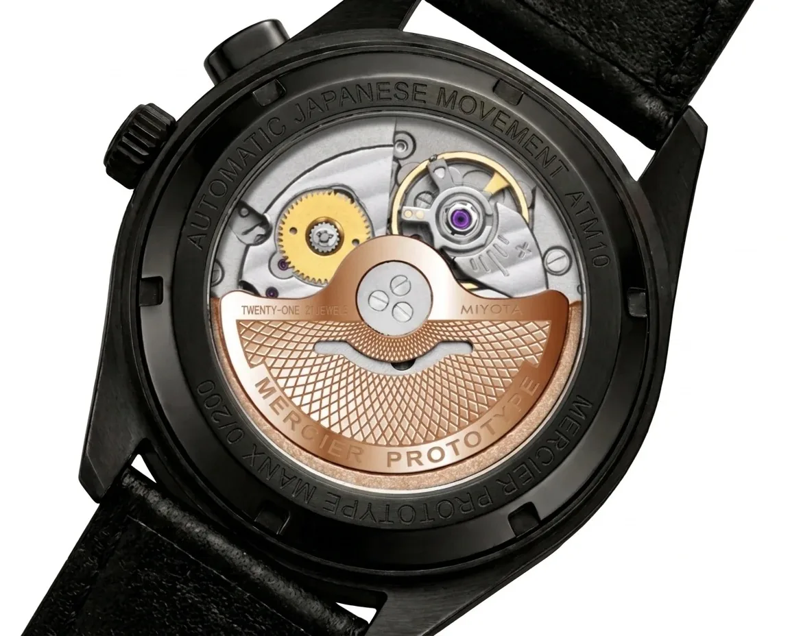 Exhibition caseback showing the Japan-made automatic movement