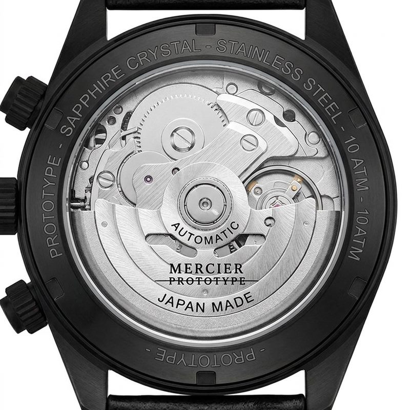 Exhibition caseback showing the Japan-made automatic movement