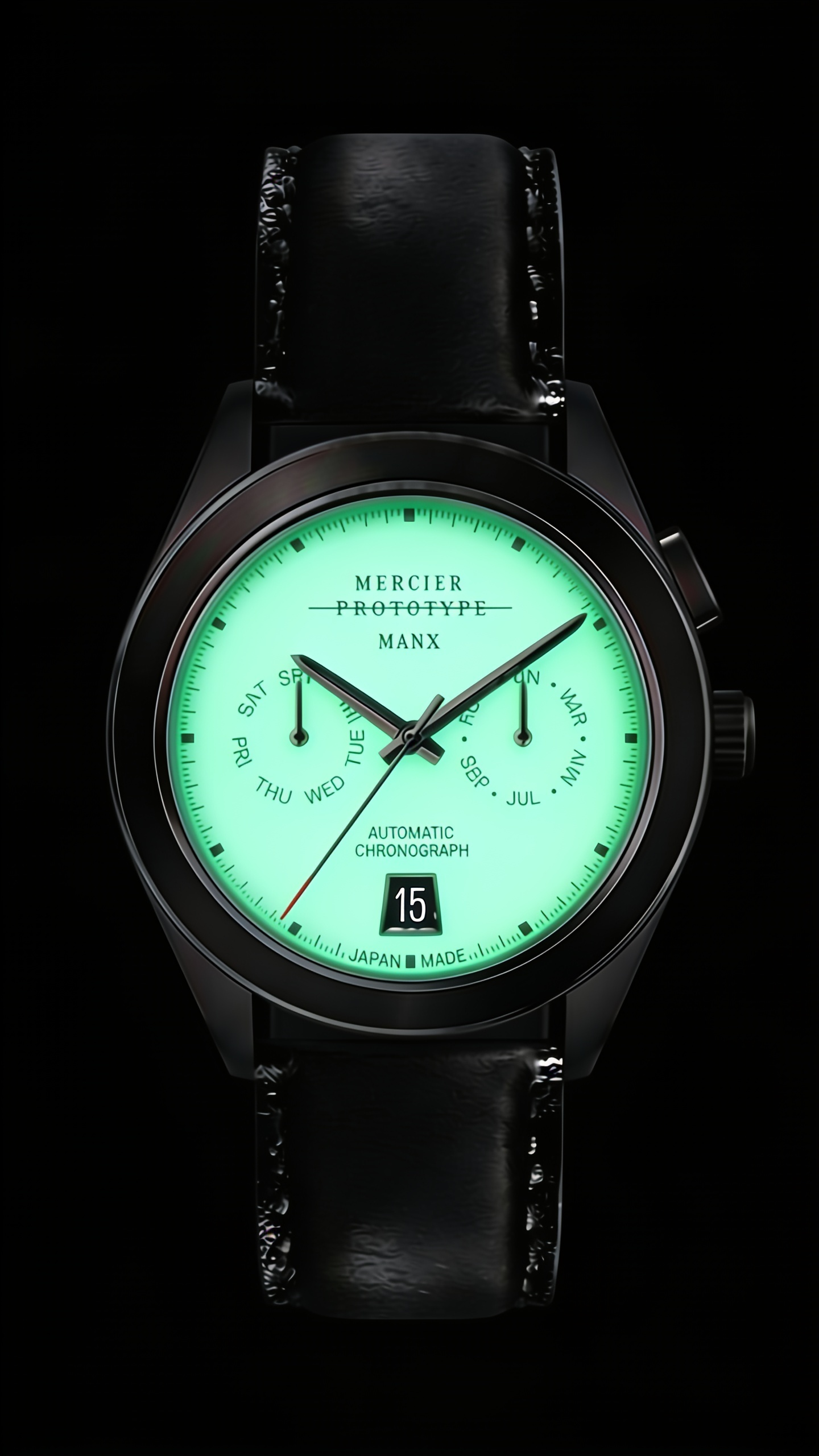 Manx Noir, full-face lume glowing, black date window