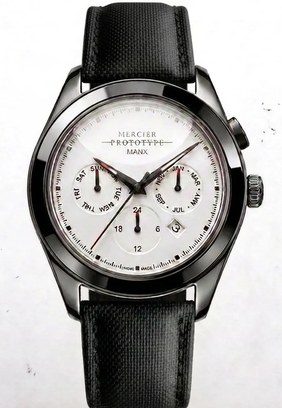 Manx Meridian Blanc, white day-month automatic dial in black PVD