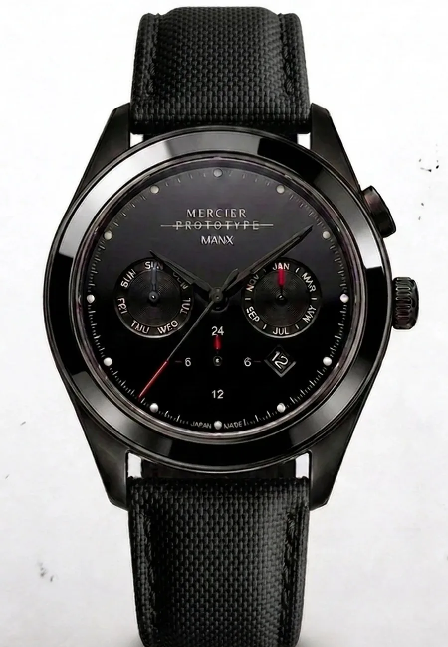 Manx Meridian Noir, black day-month automatic dial in black PVD