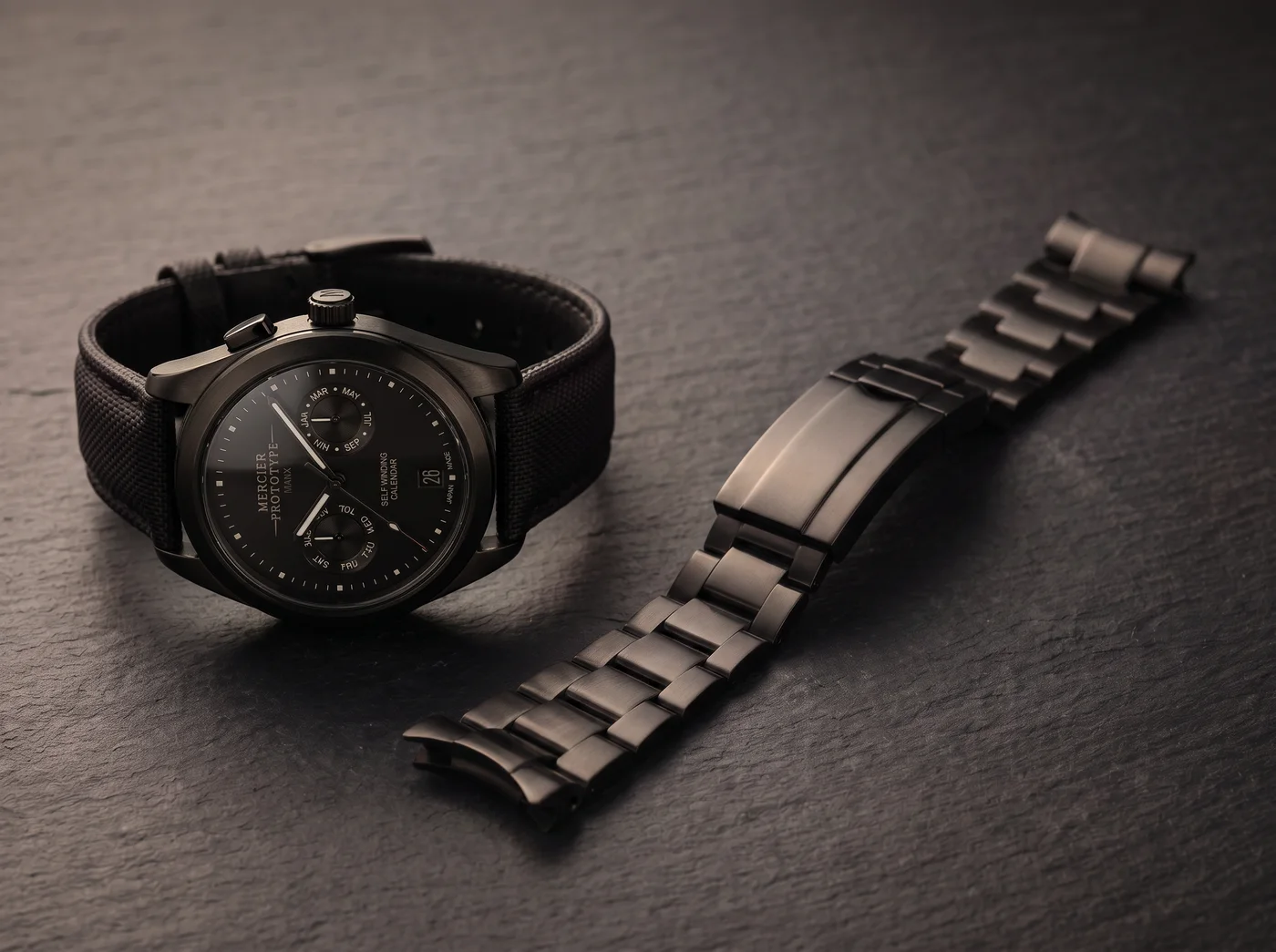Manx Noir on sailcloth strap with the separate steel bracelet