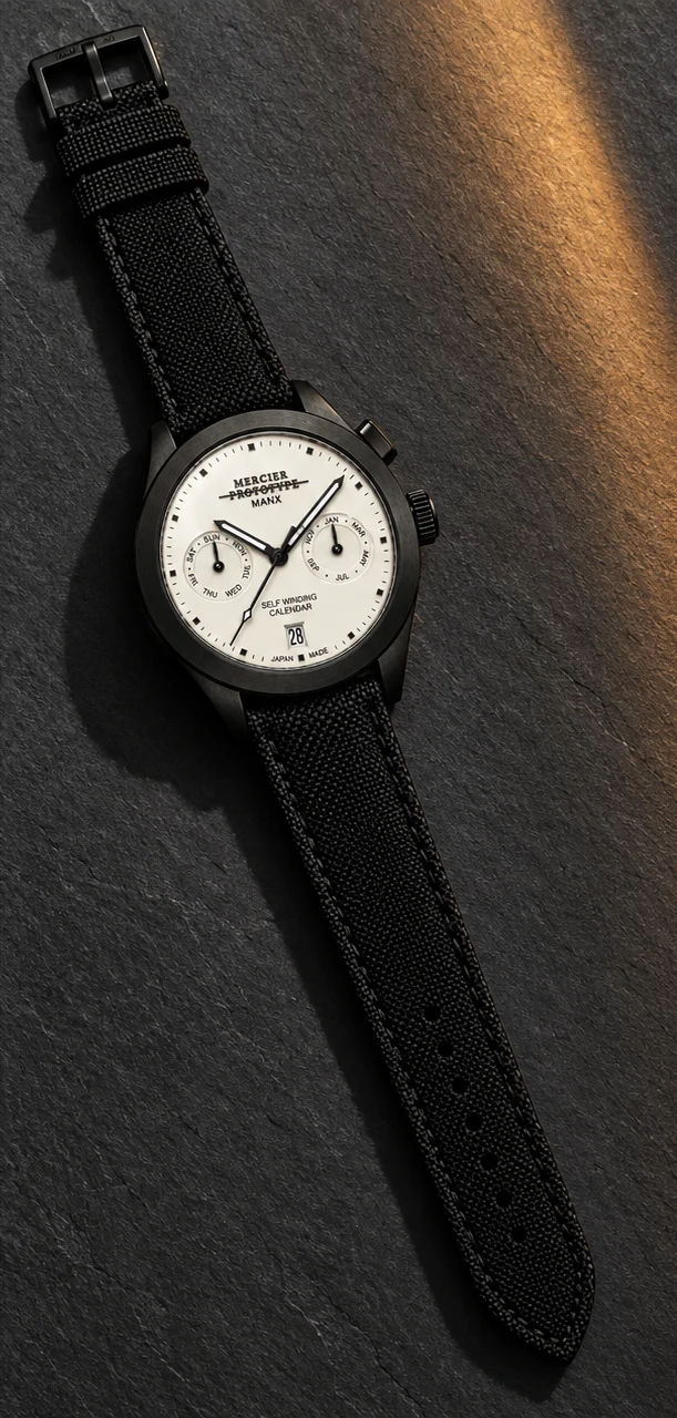 The white-dial Manx Blanc with day and month registers, photographed with its black strap.