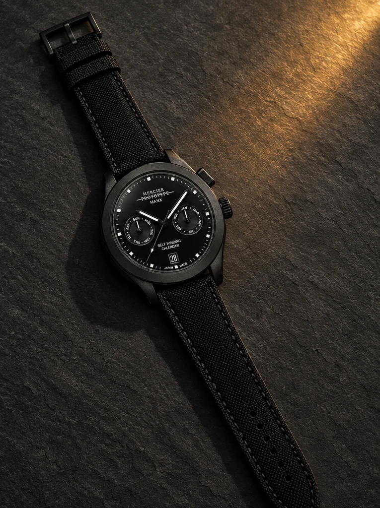 Full-length studio view of the Manx Noir with its black woven strap.