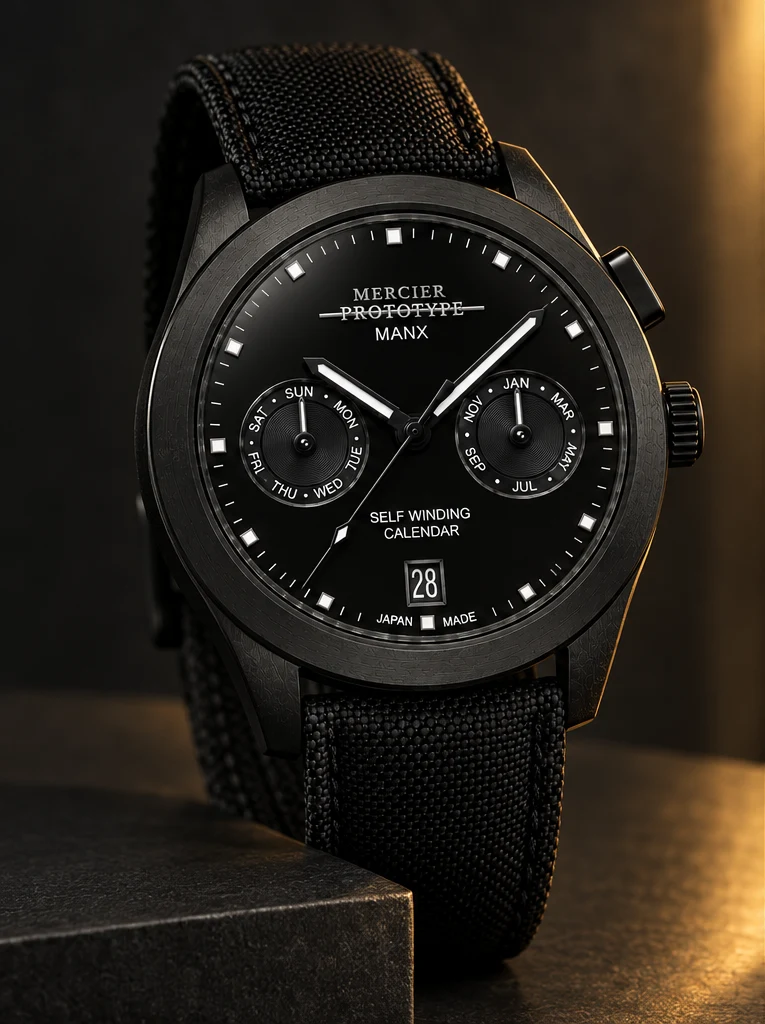 The Manx Noir black ceramic dial and matching dark PVD case.