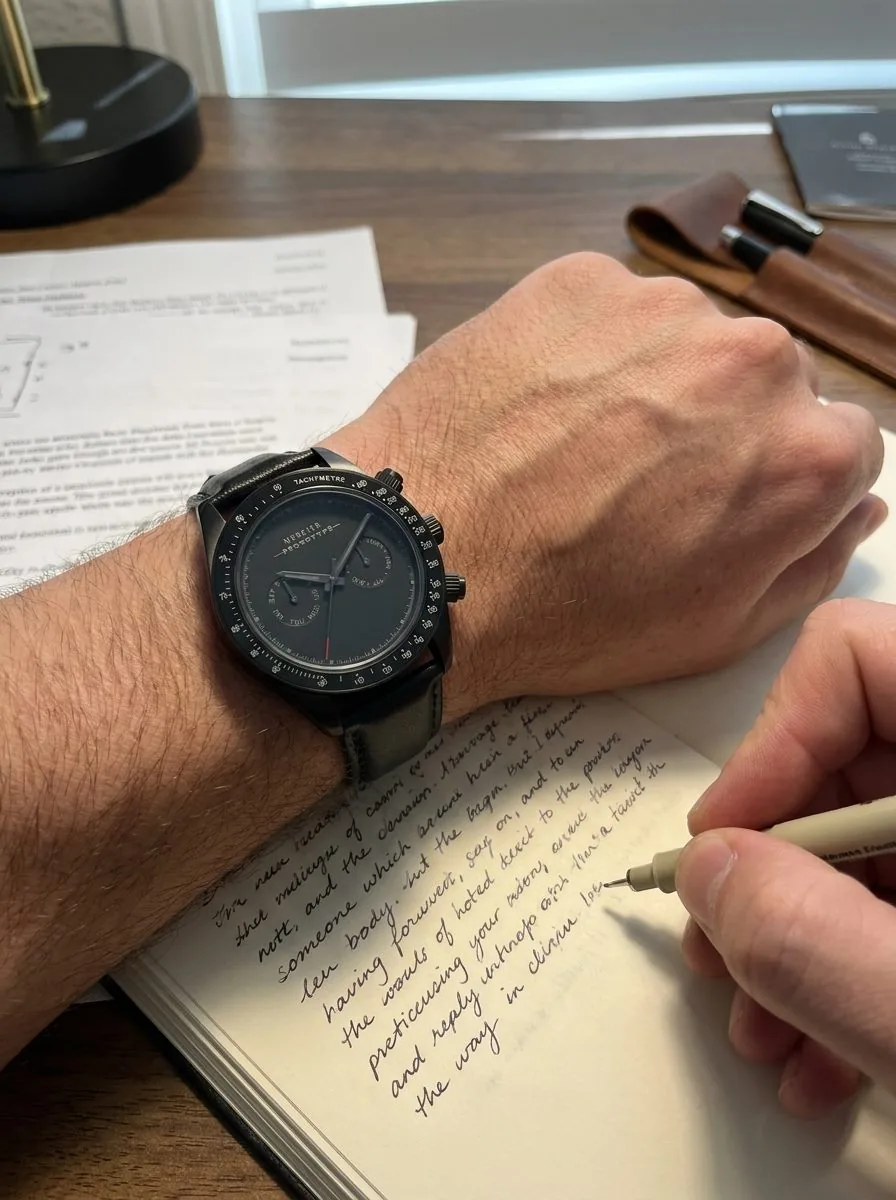 An automatic watch on the wrist with an open-collar shirt during a working day