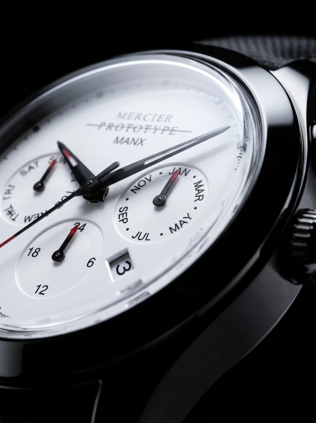 Manx Meridian Blanc macro dial detail