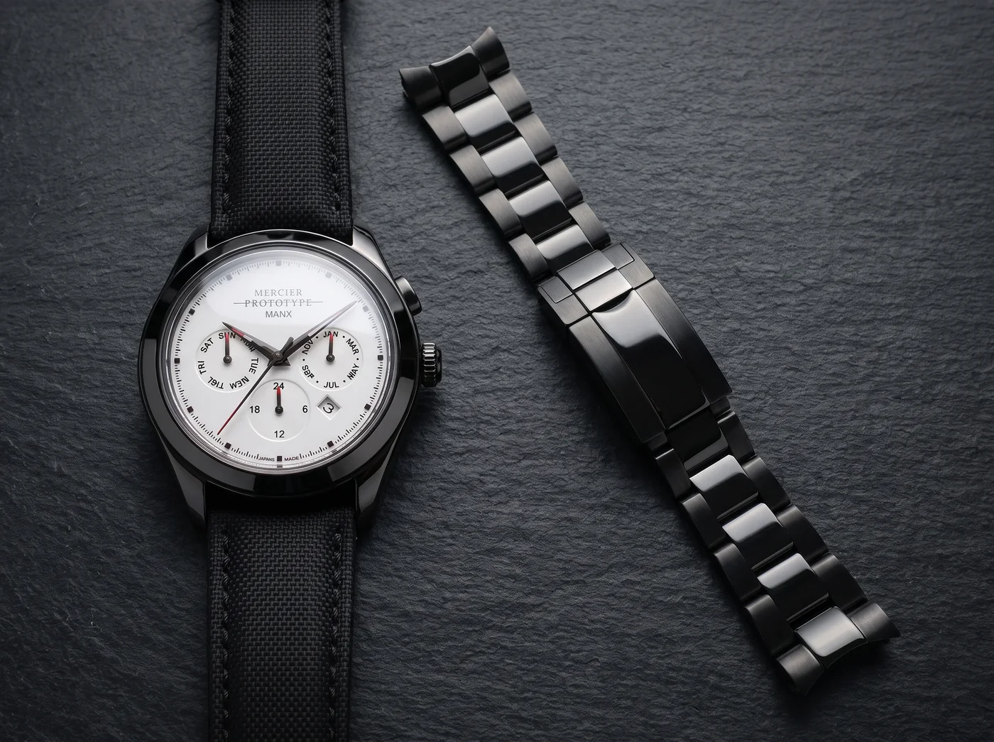 Manx Meridian Blanc on sailcloth strap with the separate steel bracelet