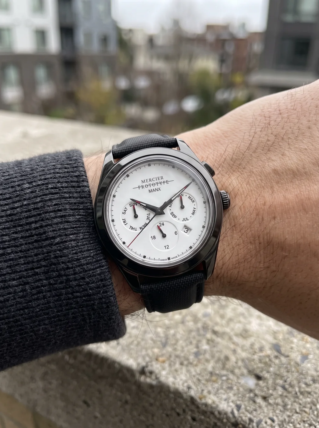 Manx Meridian Blanc worn on the wrist, sailcloth strap