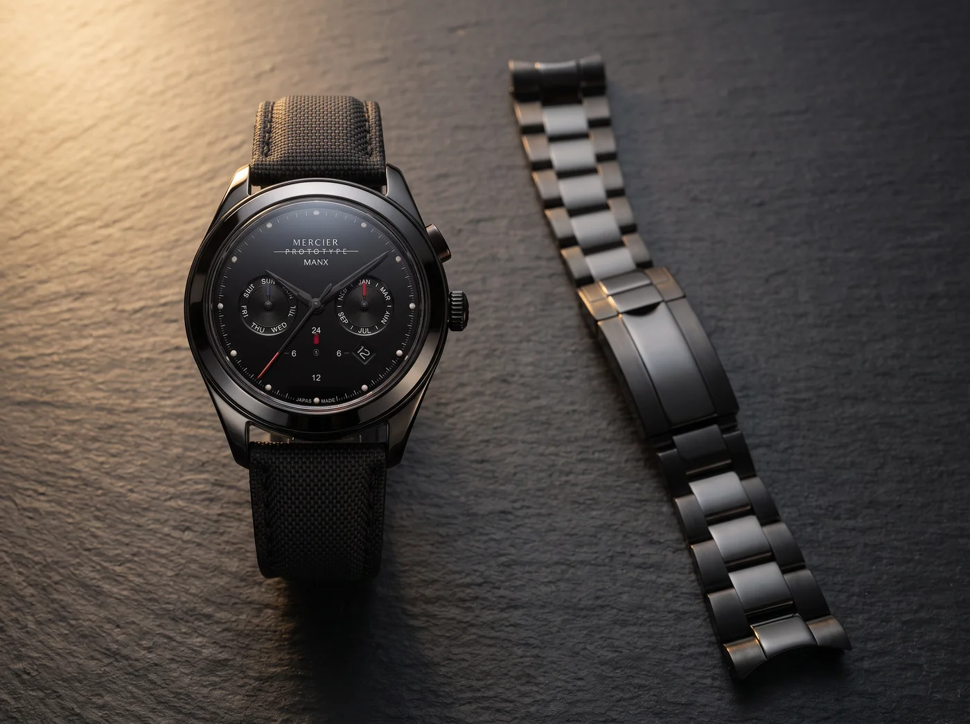 Manx Meridian Noir on sailcloth strap with the separate steel bracelet