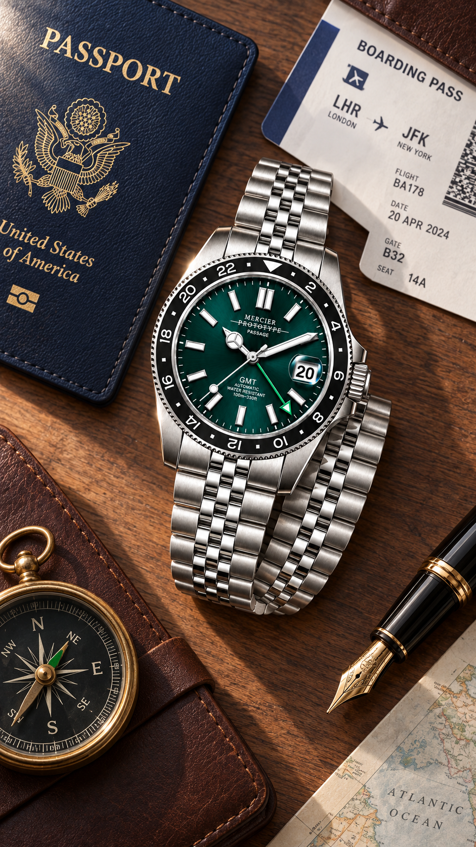 Passage GMT flat lay with passport, compass, and travel gear