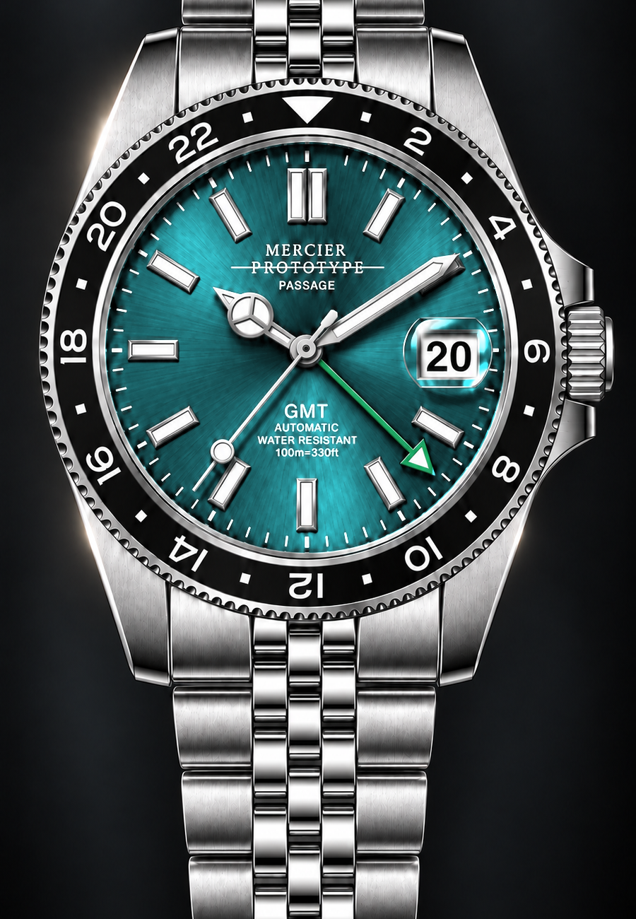 Passage GMT, aqua dial, steel bracelet, front