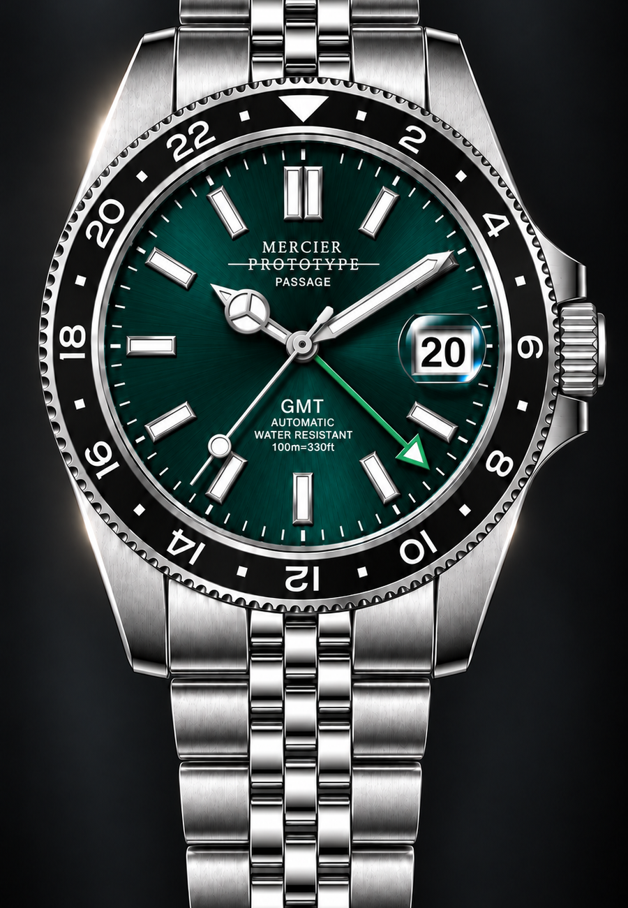 Passage GMT, green dial automatic in stainless steel