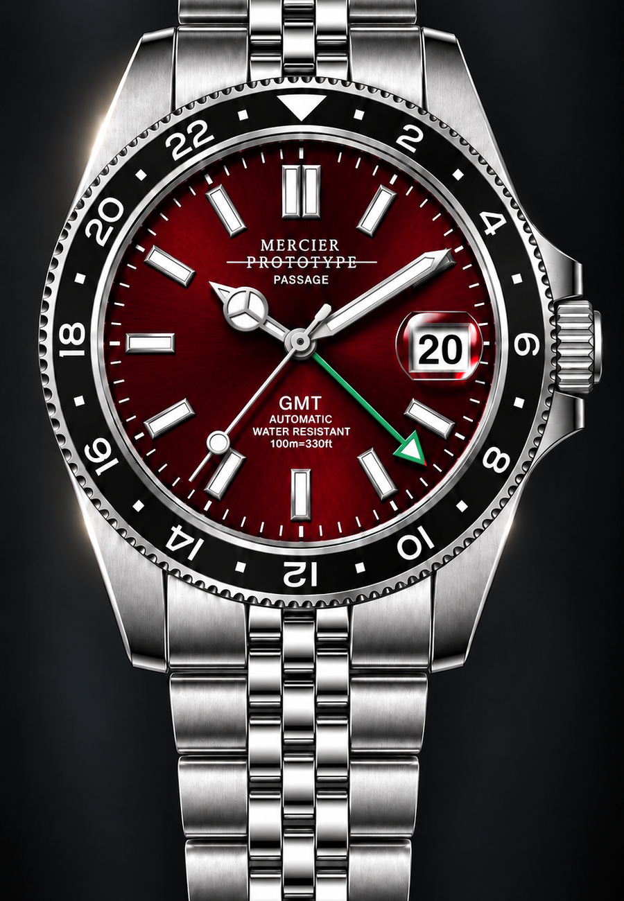 Passage GMT, red dial, steel bracelet, front
