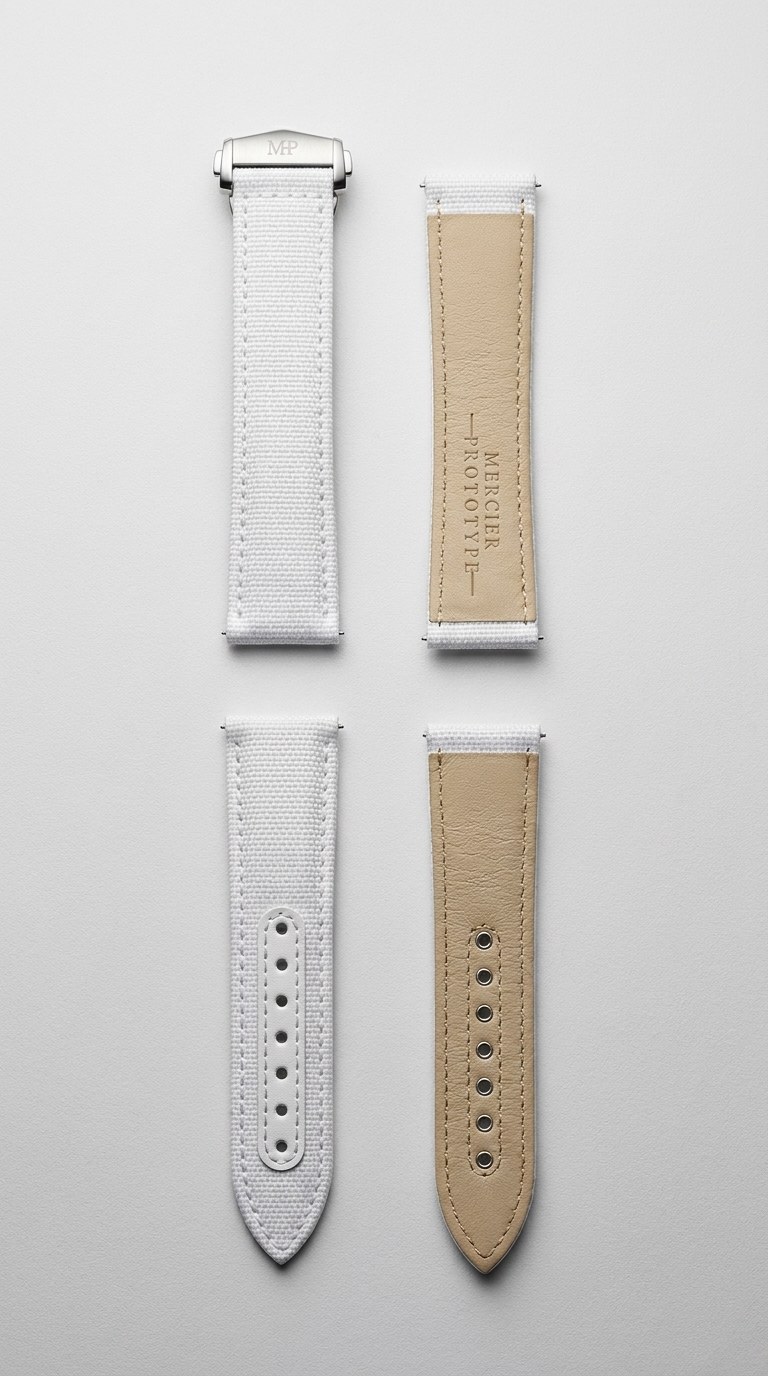 The Protocloth — white Protocloth strap with beige leather lining and signed MηP deployant clasp